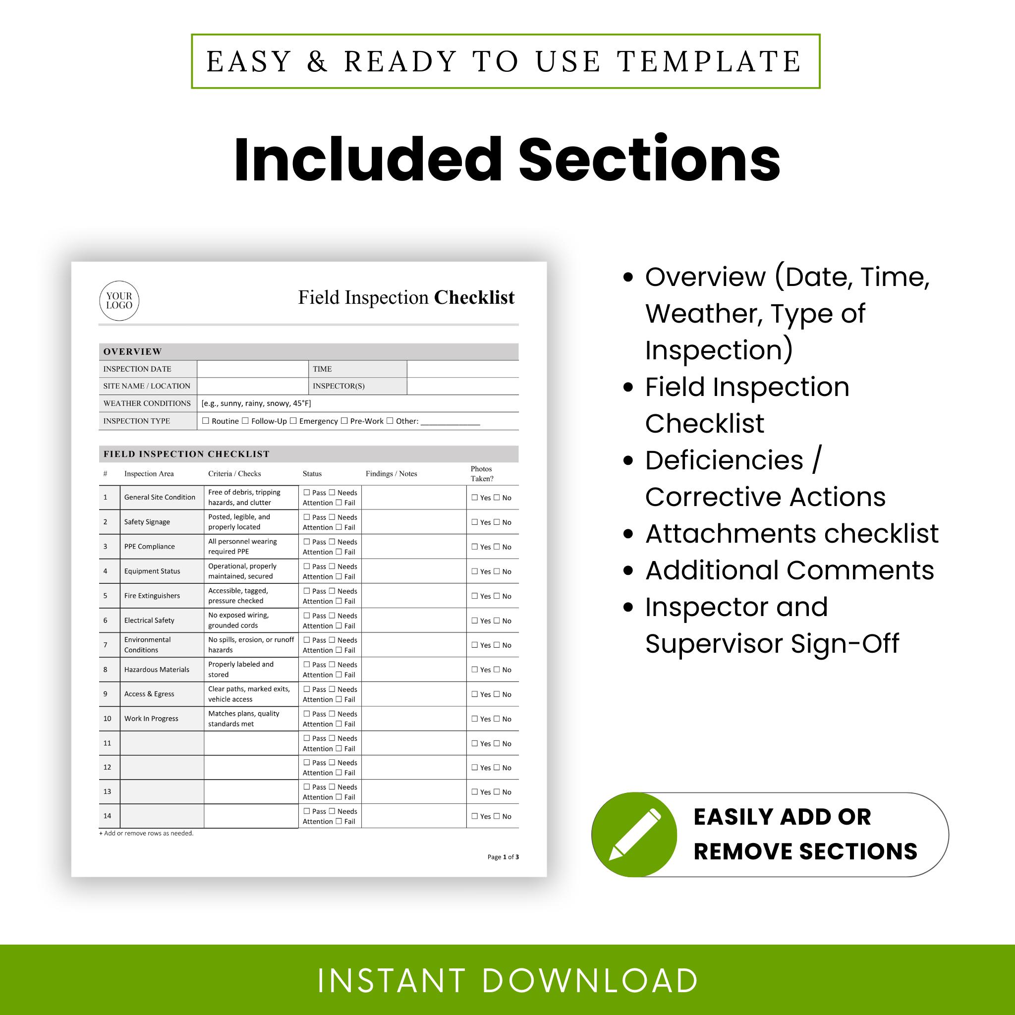 Field Inspection Checklist Template – Word & PDF, A4 + US Letter - Etsy UK