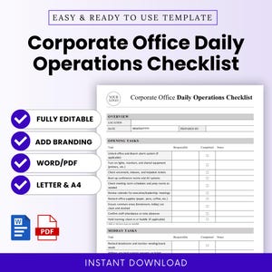 Puede incluir: Una plantilla de lista de verificación de operaciones diarias de oficina corporativa en blanco y gris. La lista de verificación incluye secciones para tareas de apertura y mediodía, con casillas de verificación para completar. La plantilla es totalmente editable.