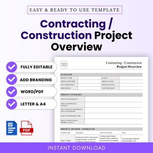 Peut inclure: Un modèle numérique pour un document de présentation de projet de construction ou de contrat. La mise en page comprend des sections pour le résumé, la méthode et le flux de travail. Il affiche des étiquettes comme Fully Editable et Add Branding.