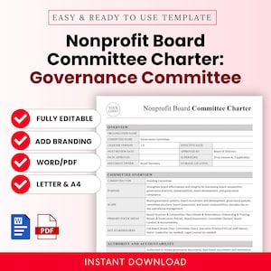 Op de afbeelding: Een digitale sjabloon voor een Nonprofit Board Committee Charter, gericht op Governance. Het document is volledig bewerkbaar, maakt branding mogelijk en is beschikbaar in Word/PDF-formaten. Het bevat secties voor overzicht, comitéoverzicht en autoriteit.