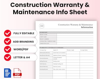 Construction Warranty and Maintenance Info Sheet Template – Word & PDF, A4 + US Letter