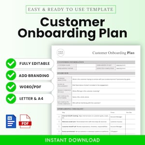 Puede incluir: Una plantilla de Plan de Incorporación de Clientes con el texto "Customer Onboarding Plan" en letras grandes y en negrita. La plantilla incluye secciones para información del cliente, descripción general y una lista de verificación de incorporación. La imagen también incluye el texto "Easy & Ready to Use Template" y "Instant Download".