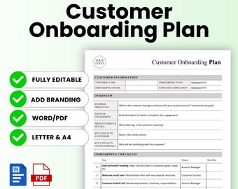 Customer Onboarding Plan Template (Word, PDF) | Small Business Welcome, Client Intake Form and Checklist, New Service Contracts | Editable