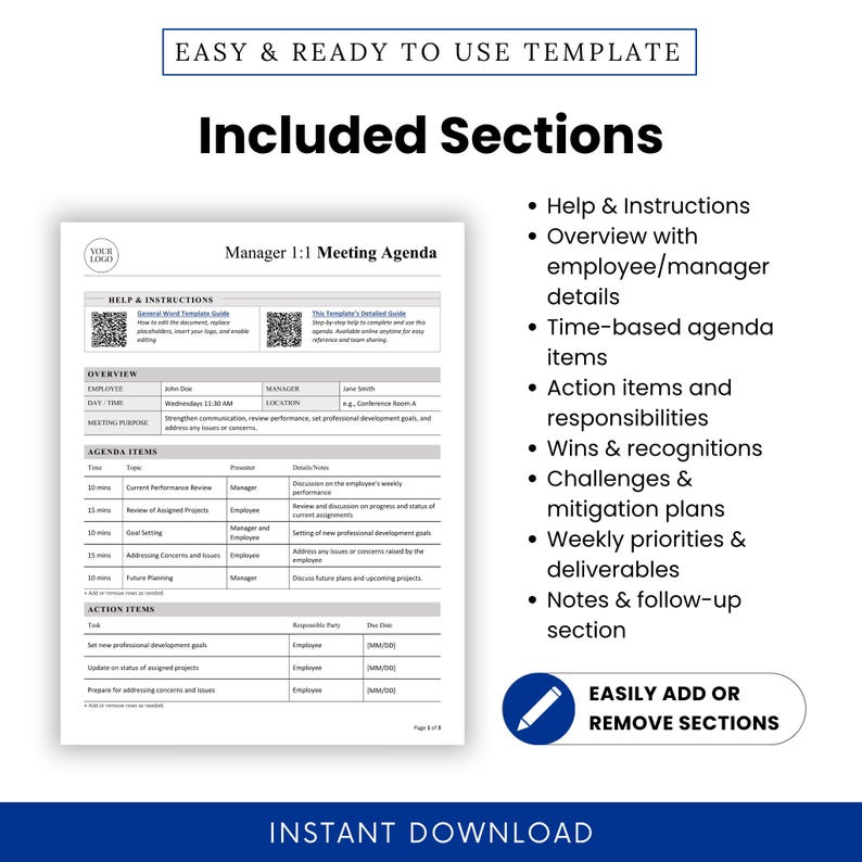 Callout graphic summarizing the core sections of the Manager 1-on-1 Meeting Agenda, including overview, agenda items, wins, challenges, action plans, and more—editable and printer-friendly.