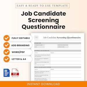 Puede incluir: Una plantilla blanca de cuestionario de selección de candidatos a un puesto de trabajo con el texto "EASY & READY TO USE TEMPLATE" en la parte superior. Incluye "FULLY EDITABLE", "ADD BRANDING", "WORD/PDF" y "LETTER & A4". Incluye secciones para descripción general, antecedentes generales y habilidades.
