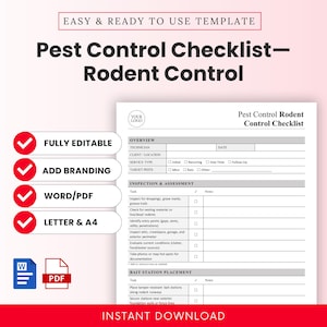May include: A pest control checklist template for rodent control, with sections for overview, inspection, and bait station placement. Features include fully editable, add branding, Word/PDF, and Letter & A4 options. The template is available for instant download.