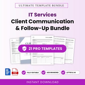 Op de afbeelding: Een digitaal sjabloonpakket getiteld Ultimate Template Bundle IT Services Client Communication & Follow-Up Bundle met 21 Pro Templates. Bevat documenten voor vergaderagenda's, notities en checklists in Word- en PDF-bestandsindelingen.