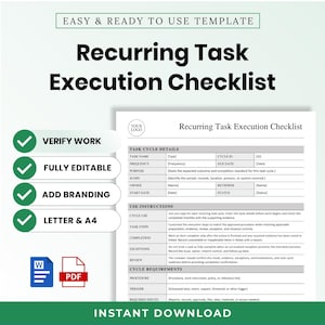 Pode incluir: Um modelo digital para uma lista de verificação de execução de tarefas recorrentes com seções para detalhes do ciclo, instruções de uso e requisitos. O documento inclui campos para nome da tarefa, frequência, proprietário e status, com ícones de Word e PDF.