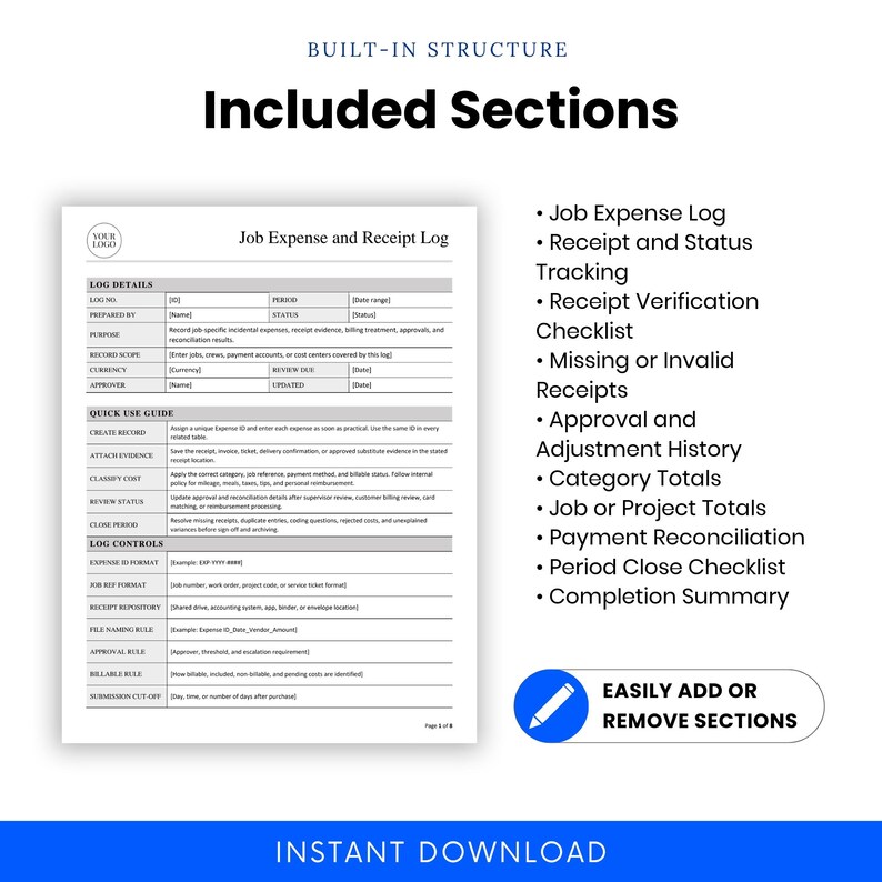 Construction and Field Services Job Expense and Receipt Log Template ...