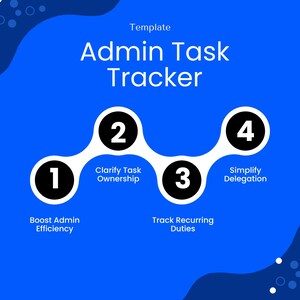 Bright blue graphic listing four core benefits of the Admin Task Tracker template: boost admin efficiency, clarify task ownership, track recurring duties, and simplify delegation.
