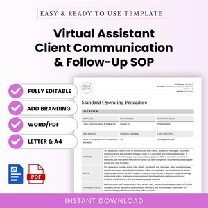 May include: A Virtual Assistant Client Communication & Follow-Up SOP template document. Features include fully editable text, branding options, Word and PDF formats, and Letter and A4 sizing. The document includes sections for overview, purpose, scope, and intended users.