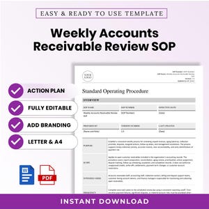 Peut inclure: Un modèle numérique pour un document SOP de revue hebdomadaire des comptes clients. La mise en page comprend des sections pour l'aperçu, l'objectif, la portée, les utilisateurs et la fréquence. Avec icônes de coche violettes, Word et PDF.