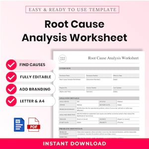 May include: A digital Root Cause Analysis Worksheet template featuring sections for overview, analysis details, and problem definition. The document includes placeholders for document name, number, date, and analysis ID. Includes Word and PDF icons.