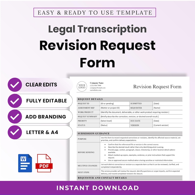 Legal Transcription Revision Request Form Template – Editable Word ...