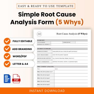 Op de afbeelding: Een wit Simple Root Cause Analysis Form (5 Whys) sjabloon. Het formulier bevat secties voor incident samenvatting, overzicht en de "5 Whys" analyse. Kenmerken zijn volledig bewerkbaar, branding toevoegen, Word/PDF en A4.