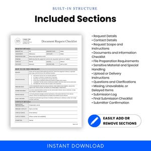 Included sections of the Document Request Checklist, including request details, scope and instructions, document tracking, file preparation, delivery instructions, missing items, submission log, and final review.