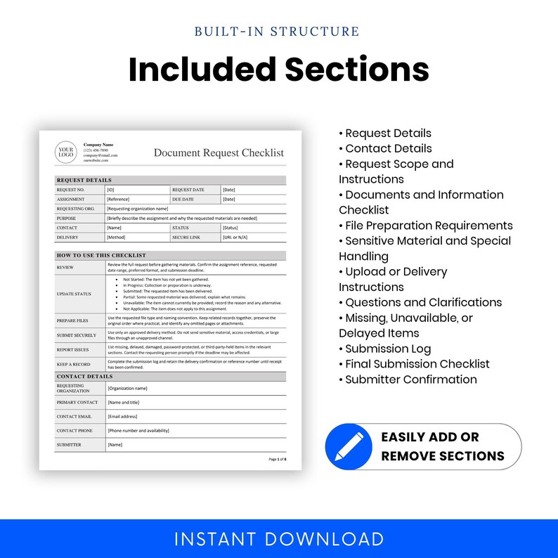 Included sections of the Document Request Checklist, including request details, scope and instructions, document tracking, file preparation, delivery instructions, missing items, submission log, and final review.