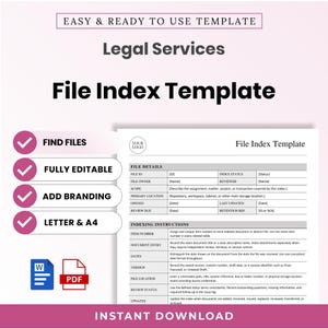 May include: A digital file index template for legal services featuring a structured document layout with sections for file details and indexing instructions. The template includes placeholders for branding and is compatible with Word and PDF formats.