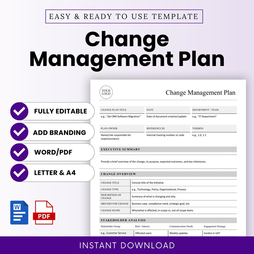 Change Management Plan Template (word, PDF) - Etsy Australia