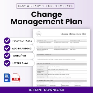 Change Management Plan Template (Word, PDF) | Project, Process & Policy Change Document | Editable Word, Printable PDF | US Letter, A4 Sizes