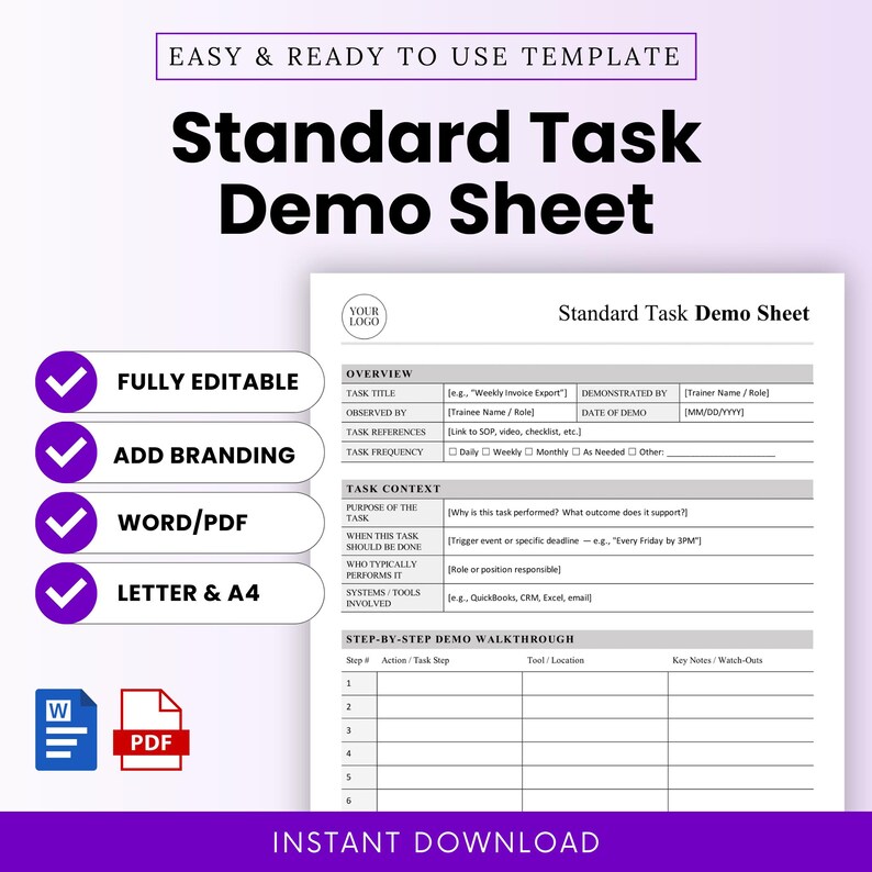 Standard Task Demo Sheet Template – Word & PDF, A4 + US Letter - Etsy