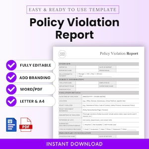 Può includere: Modello stampabile di Rapporto di violazione delle politiche con campi per i dettagli dell'incidente, le informazioni sul trasgressore e i dettagli della violazione. Include le opzioni "Completamente modificabile", "Aggiungi branding" e "Word/PDF". Download istantaneo.