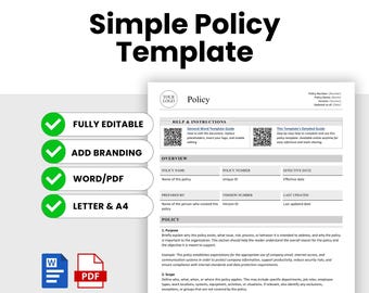 Simple Policy Template (Word, PDF) | Simple Workplace Policy Template, Human Resources HR Policy Doc, Employee Guidelines, Company Policy