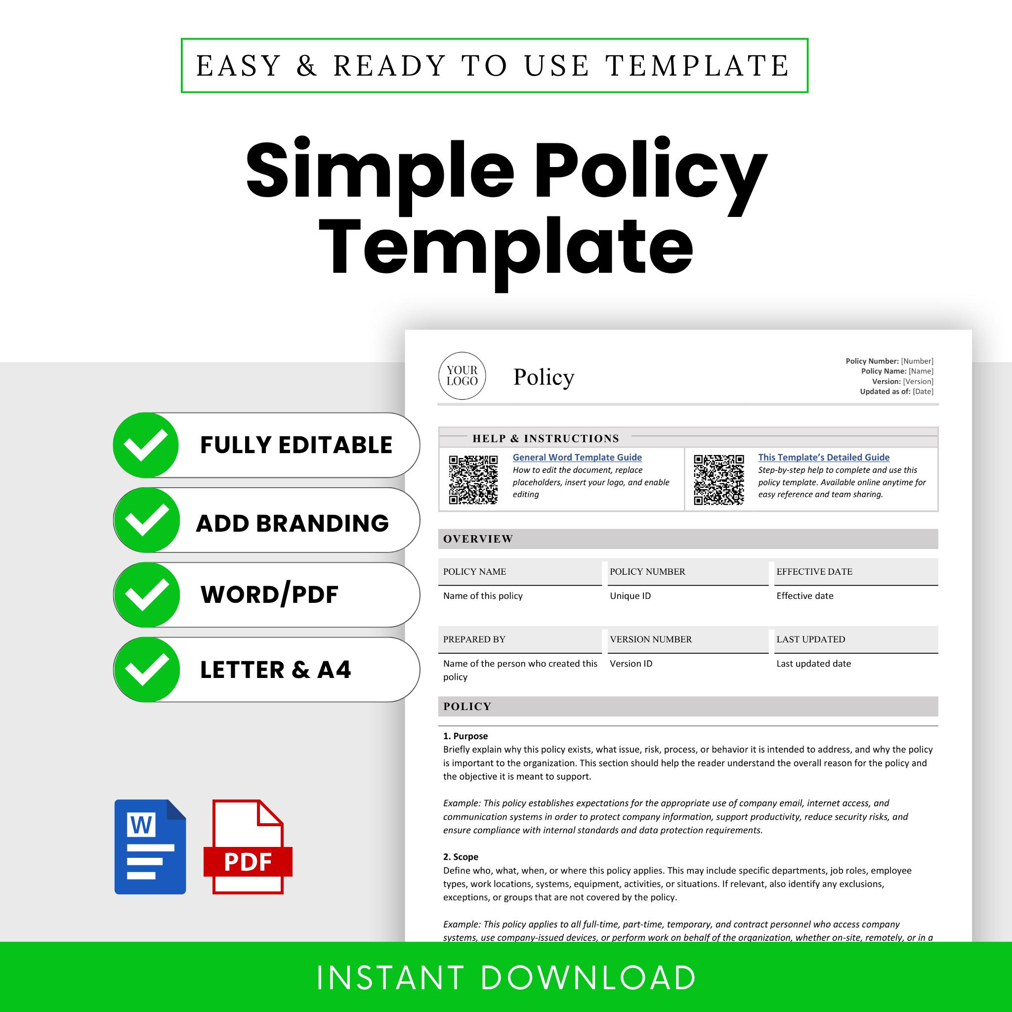 Simple Policy Template (word, PDF) | Simple Workplace Policy Template ...