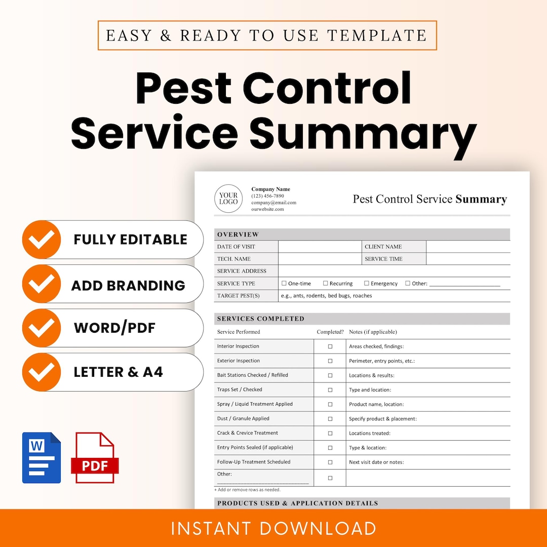 Pest Control Service Summary Template – Word & PDF, A4 + US Letter - Etsy