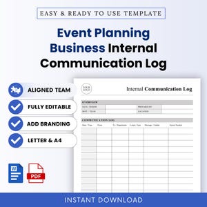 Pode incluir: Um modelo de registo de comunicação interna para planeamento de eventos. O documento inclui secções para visão geral, data, período, preparado por, departamento, equipa e localização, além de uma tabela com colunas para data, hora, de, para, tipo de comunicação, mensagem e ação.