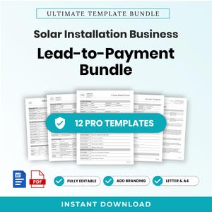 以下が含まれることがあります： 太陽光発電設備事業向けのプロフェッショナルなテンプレート12点セット。リードから支払いまでの管理フォームが含まれています。WordおよびPDF形式で、完全に編集可能であり、A4およびレターサイズに対応しています。