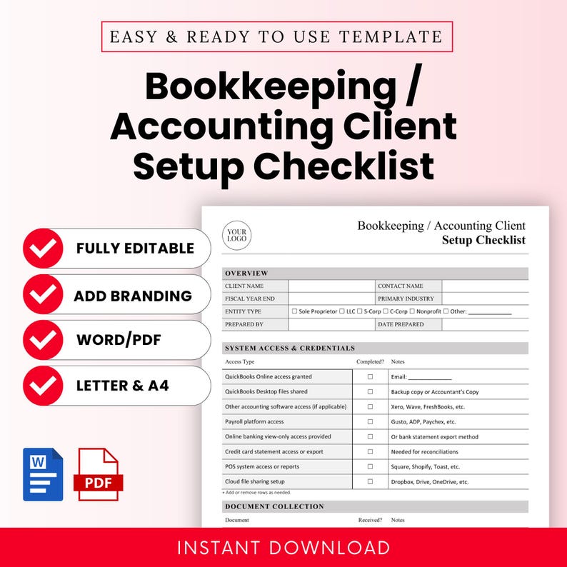 Bookkeeping / Accounting Client Setup Checklist Template – Word & PDF ...