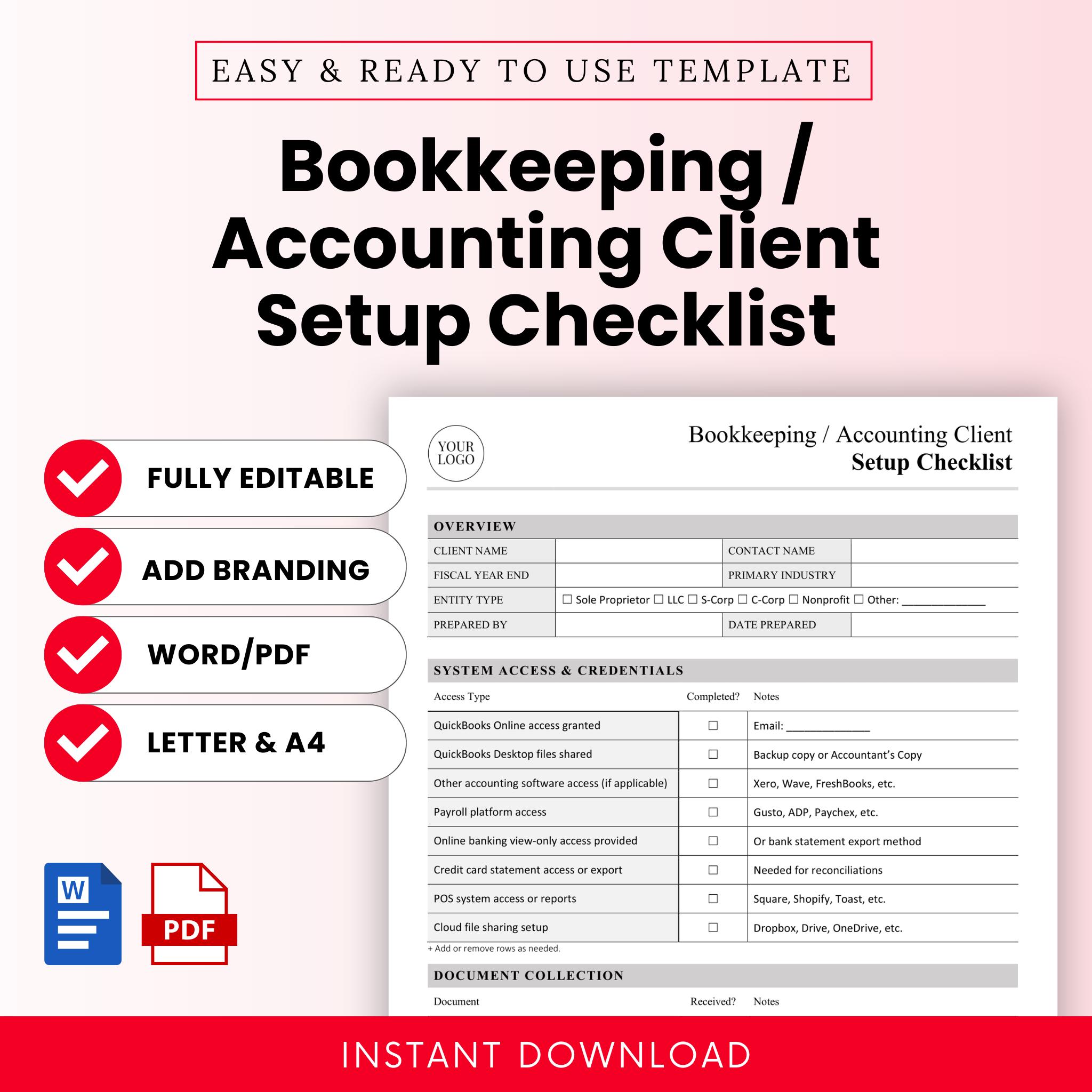 Bookkeeping / Accounting Client Setup Checklist Template – Word & PDF ...