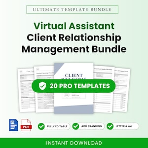 May include: A digital document bundle titled Ultimate Template Bundle and Virtual Assistant Client Relationship Management Bundle. It includes 20 pro templates, fully editable, with branding options, available in letter and A4 sizes as Word and PDF files.