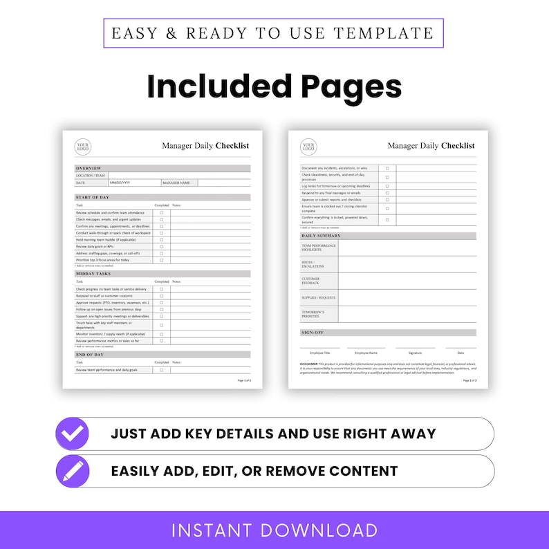 Daily Supervisor Checklist.pdf Manager Daily Checklist Template – Word & PDF, A4 + US Letter - Etsy