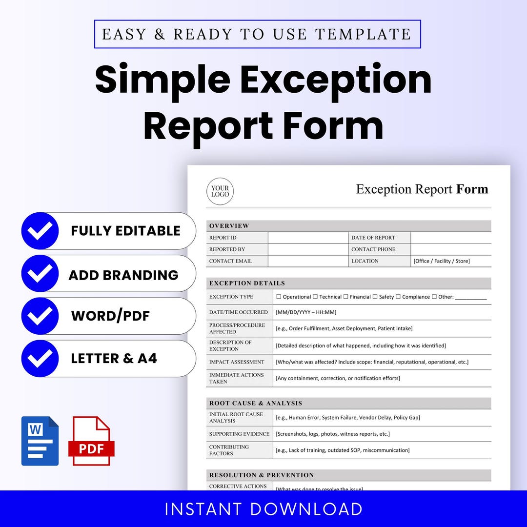Simple Exception Report Form Template – Word & PDF, A4 + US Letter ...