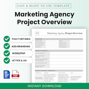 Peut inclure: Un modèle de présentation de projet pour agence marketing composé d'un document blanc avec du texte noir, organisé en sections pour le résumé et le flux de travail. La mise en page inclut des champs pour le nom du projet et le statut, avec des icônes de coche verte.