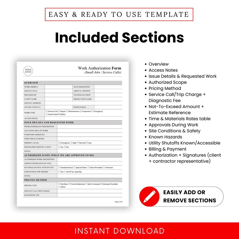 Work Authorization Form Template (small Jobs and Service Calls) – Word ...