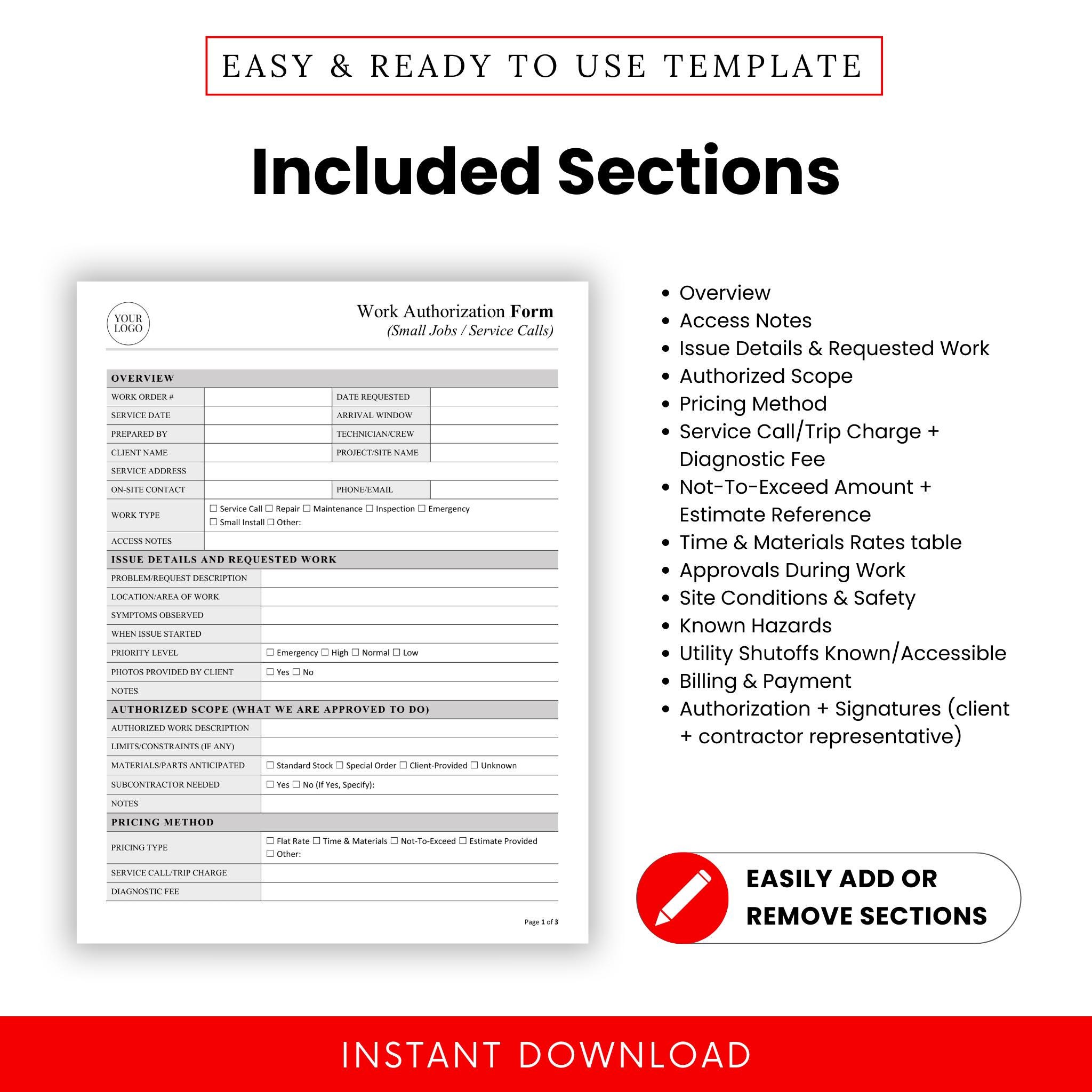 Work Authorization Form Template (small Jobs and Service Calls) – Word ...