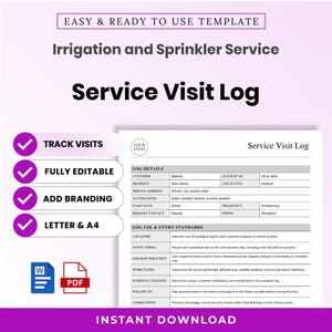 May include: An irrigation and sprinkler service visit log template featuring sections for log details and entry standards. The document includes fields for customer name, account ID, service address, and log status, with Word and PDF icons displayed.