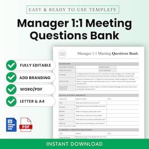 Puede incluir: Un documento blanco y gris titulado "Manager 1:1 Meeting Questions Bank" con marcas de verificación verdes junto a "Fully Editable", "Add Branding", "Word/PDF" y "Letter & A4". El documento incluye indicaciones para los puntos del orden del día, el crecimiento profesional y la descarga instantánea.