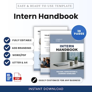 Op de afbeelding: Een lichtblauw en wit Intern Handbook-sjabloon met de tekst "Intern Handbook" en "Policies, Expectations & Learning Guidelines." Het handboek heeft 38 pagina's en is volledig bewerkbaar. Extra tekst bevat "Easy & Ready to Use Template" en "Instant Download."