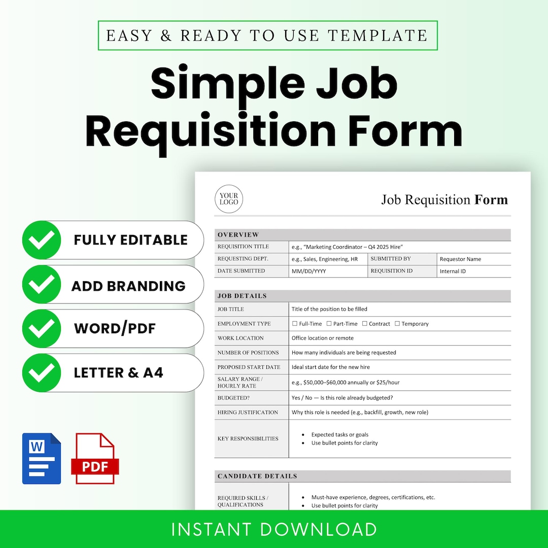 Simple Job Requisition Form Template (word, PDF) | HR Hiring Request ...