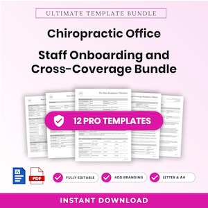 Könnte beinhalten: Ein Chiropractic Office Staff Onboarding and Cross-Coverage Bundle mit 12 professionellen Vorlagen. Das Set enthält eine Checkliste zur Vorbereitung und verschiedene Formulare. Mit Word- und PDF-Symbolen sowie Hinweisen auf Bearbeitbarkeit, Branding-Optionen, Letter- und A4-Formate und Sofort-Download.