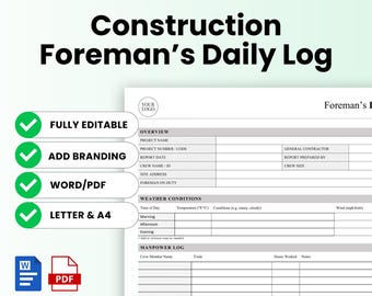 Construction Foreman's Daily Log Template – Word & PDF, A4 + US Letter
