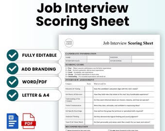 Job Interview Scoring Sheet (MS Word, PDF) |  Human Resources Interview Evaluation Form, Interview Assessment Form, HR Interview Template