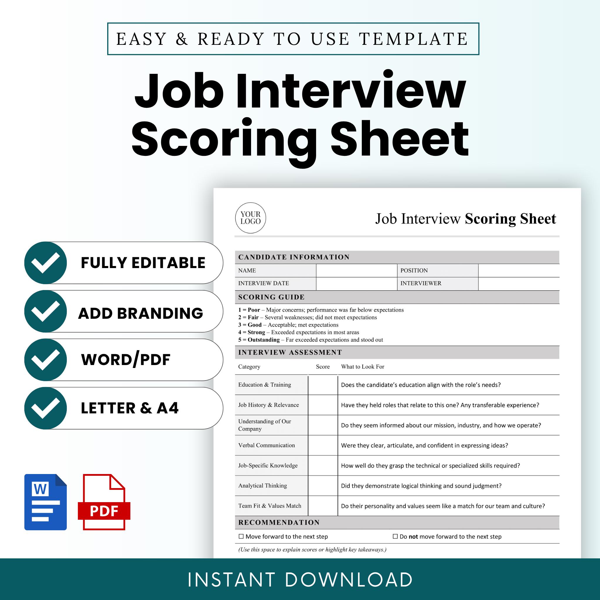 Interview Scoring Methods Job Interview Scoring Sheet (MS Word, PDF) | Human Resources Interview ...