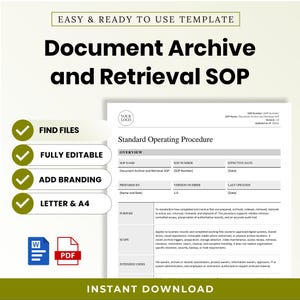 Puede incluir: Una plantilla digital para un procedimiento operativo estándar de archivo y recuperación de documentos. El documento incluye secciones de resumen, propósito, alcance y usuarios. Contiene iconos de Word y PDF, con etiquetas para contenido editable y formatos carta y A4.