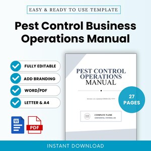 Könnte beinhalten: Eine Vorlage für ein Betriebshandbuch für Schädlingsbekämpfung mit einem 27-seitigen Dokumentendeckel, der den Text Pest Control Operations Manual, Version 1.0, Updated MMM DD, YYYY und Company Name enthält. Inklusive Word- und PDF-Dateisymbolen.