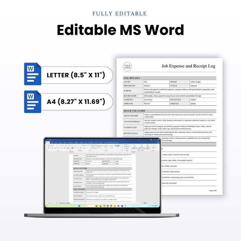 Construction Company Job Expense and Receipt Log Template – Editable ...